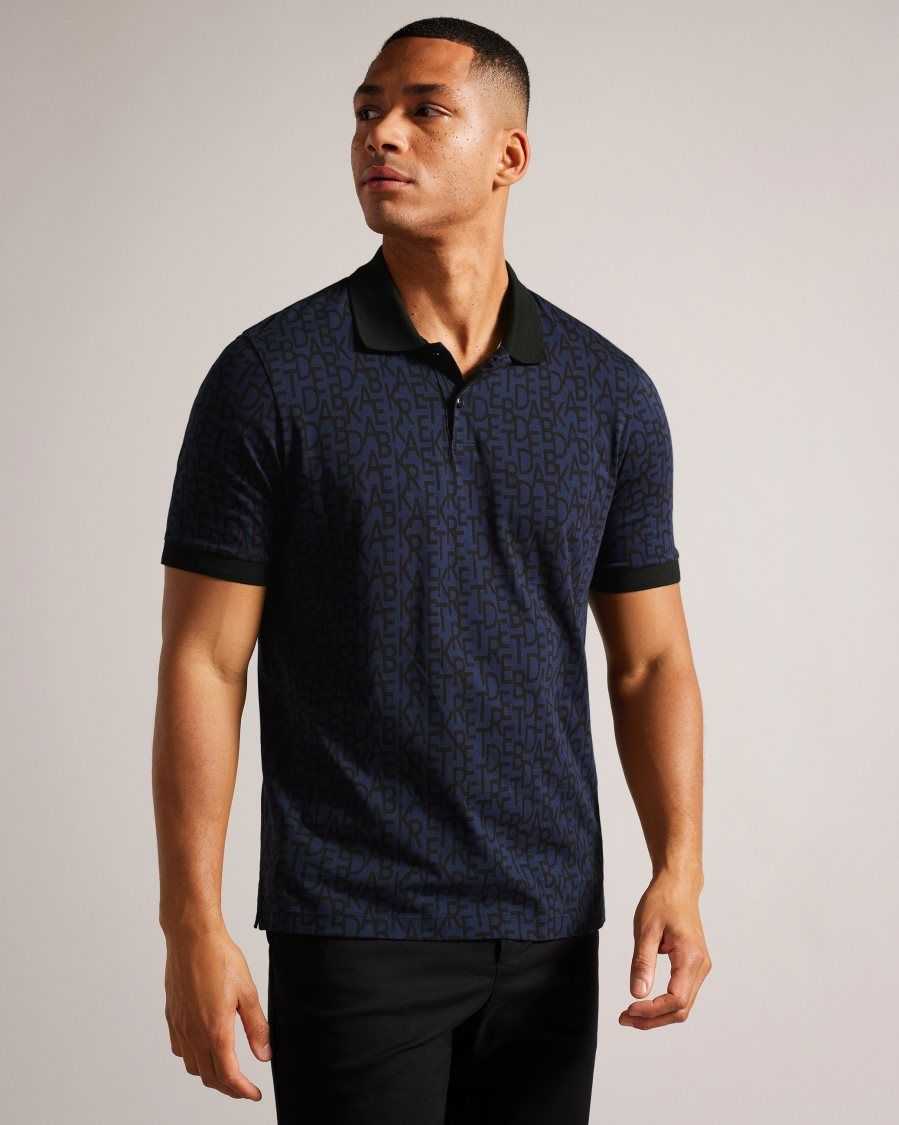 Ted Baker Chapar Short Sleeve Regular Fit Branded Print Polo Shirt Navy-Blue | 05289-JGQW