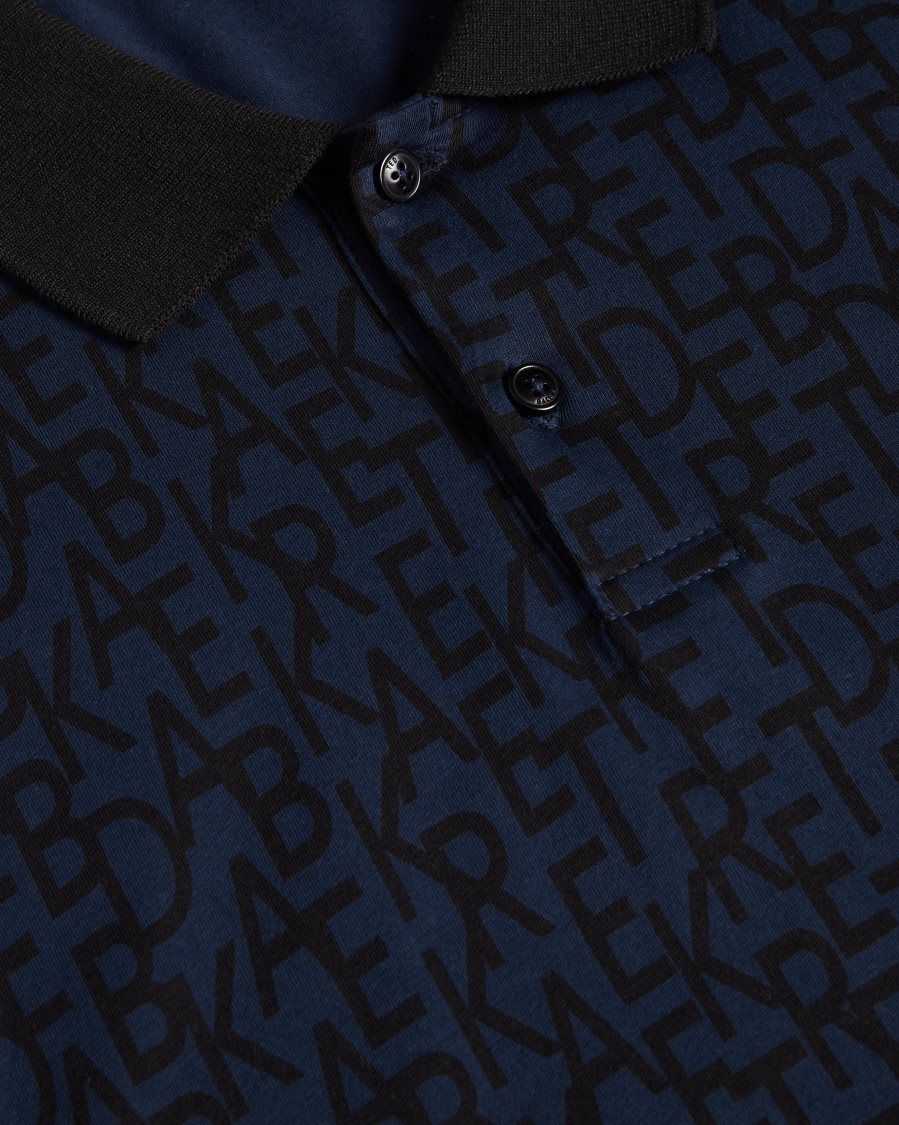 Ted Baker Chapar Short Sleeve Regular Fit Branded Print Polo Shirt Navy-Blue | 05289-JGQW