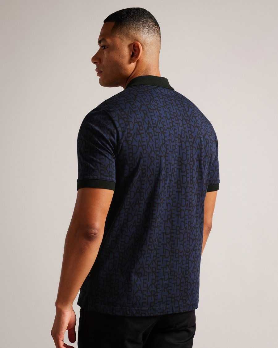 Ted Baker Chapar Short Sleeve Regular Fit Branded Print Polo Shirt Navy-Blue | 05289-JGQW