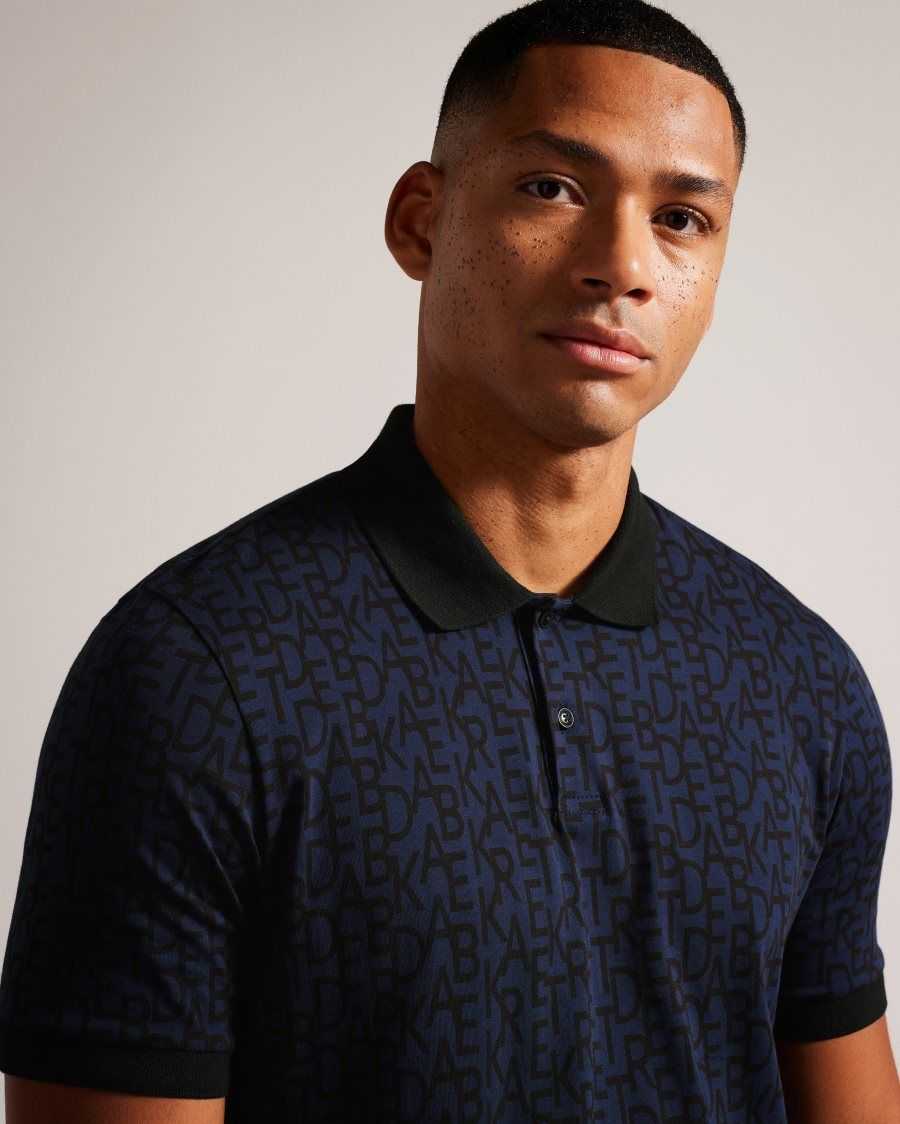 Ted Baker Chapar Short Sleeve Regular Fit Branded Print Polo Shirt Navy-Blue | 05289-JGQW