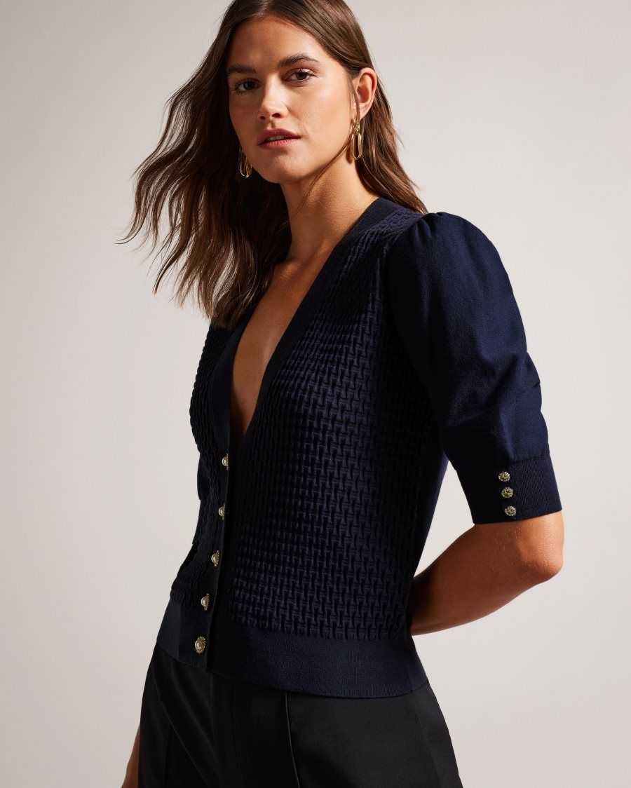 Ted Baker Charess Cropped Cardigan with Diamante Buttons Dark Blue | 24913-ODST