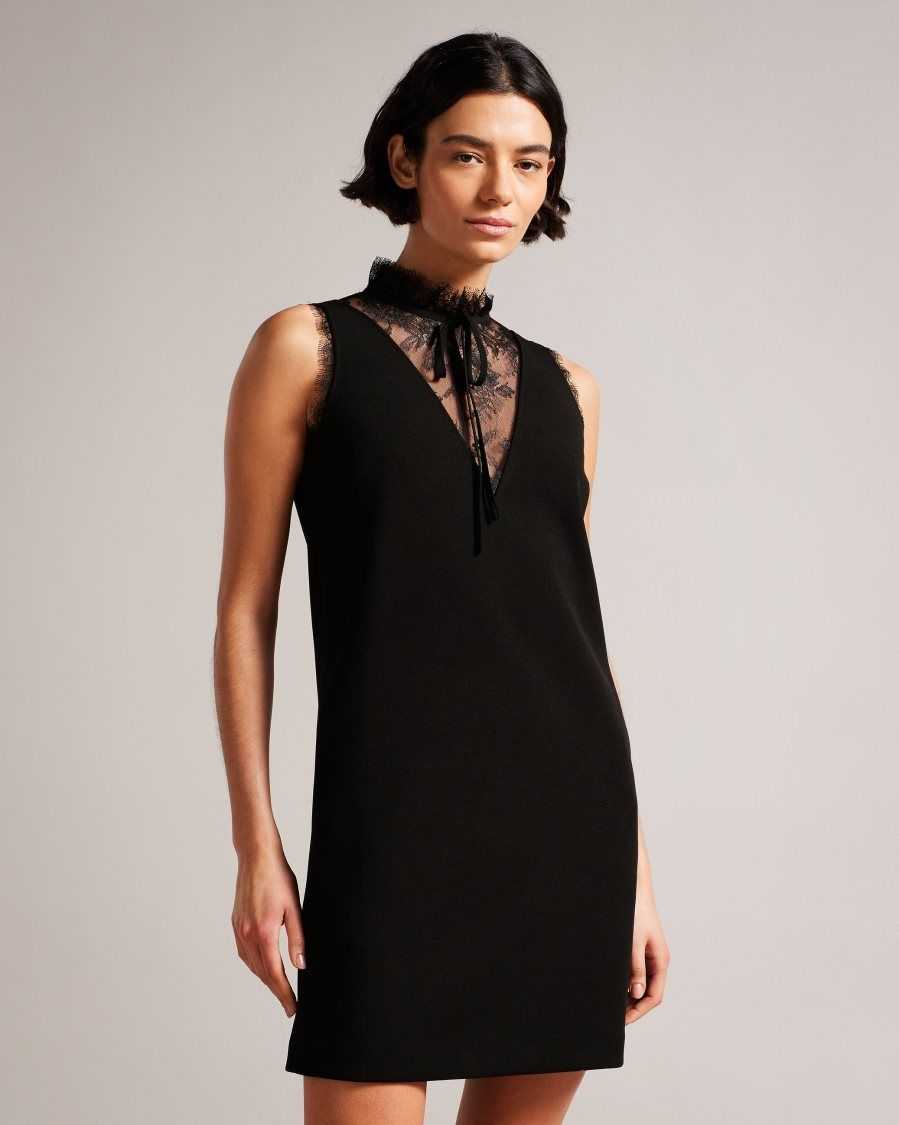 Ted Baker Chharis Shirt Dress With Lace Panels Black | 74523-ZOYC