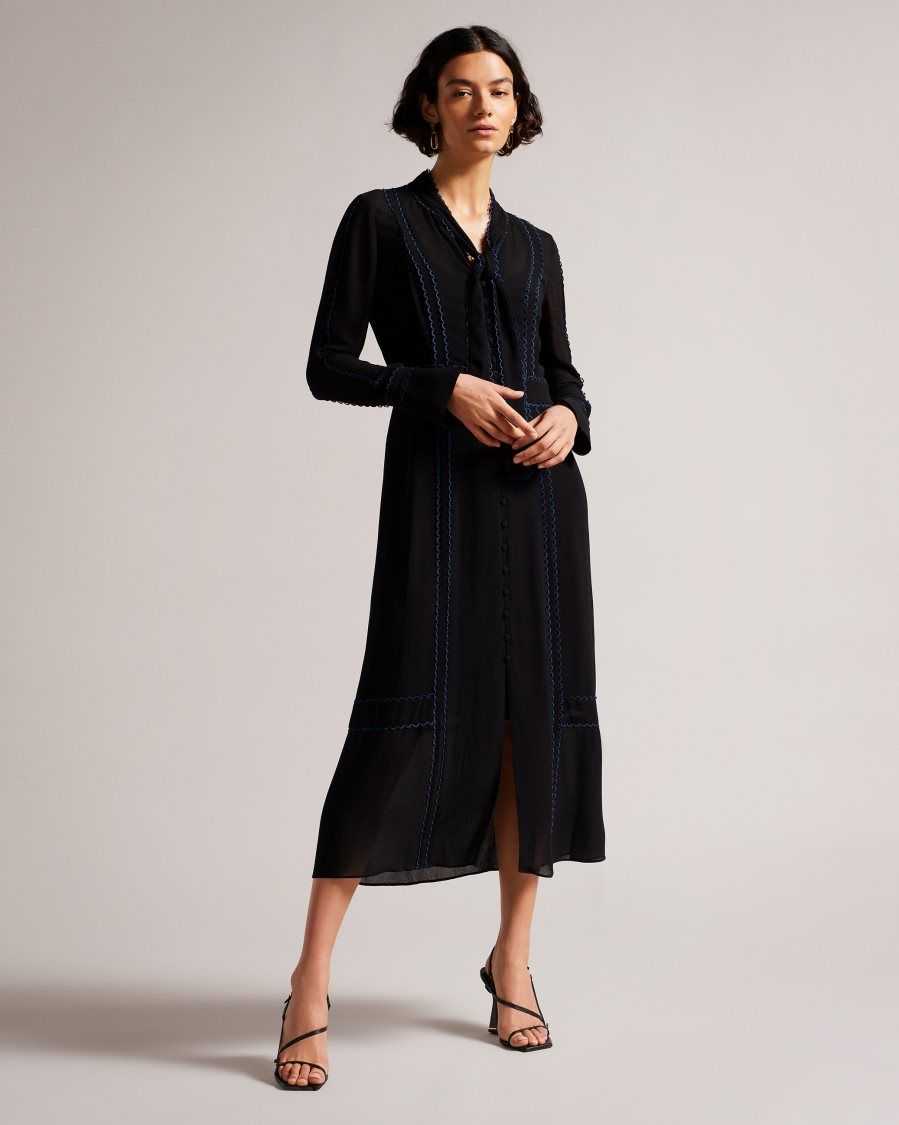 Ted Baker Claiirr Button Through Midi Shirt Dress Black | 57136-ZMBE