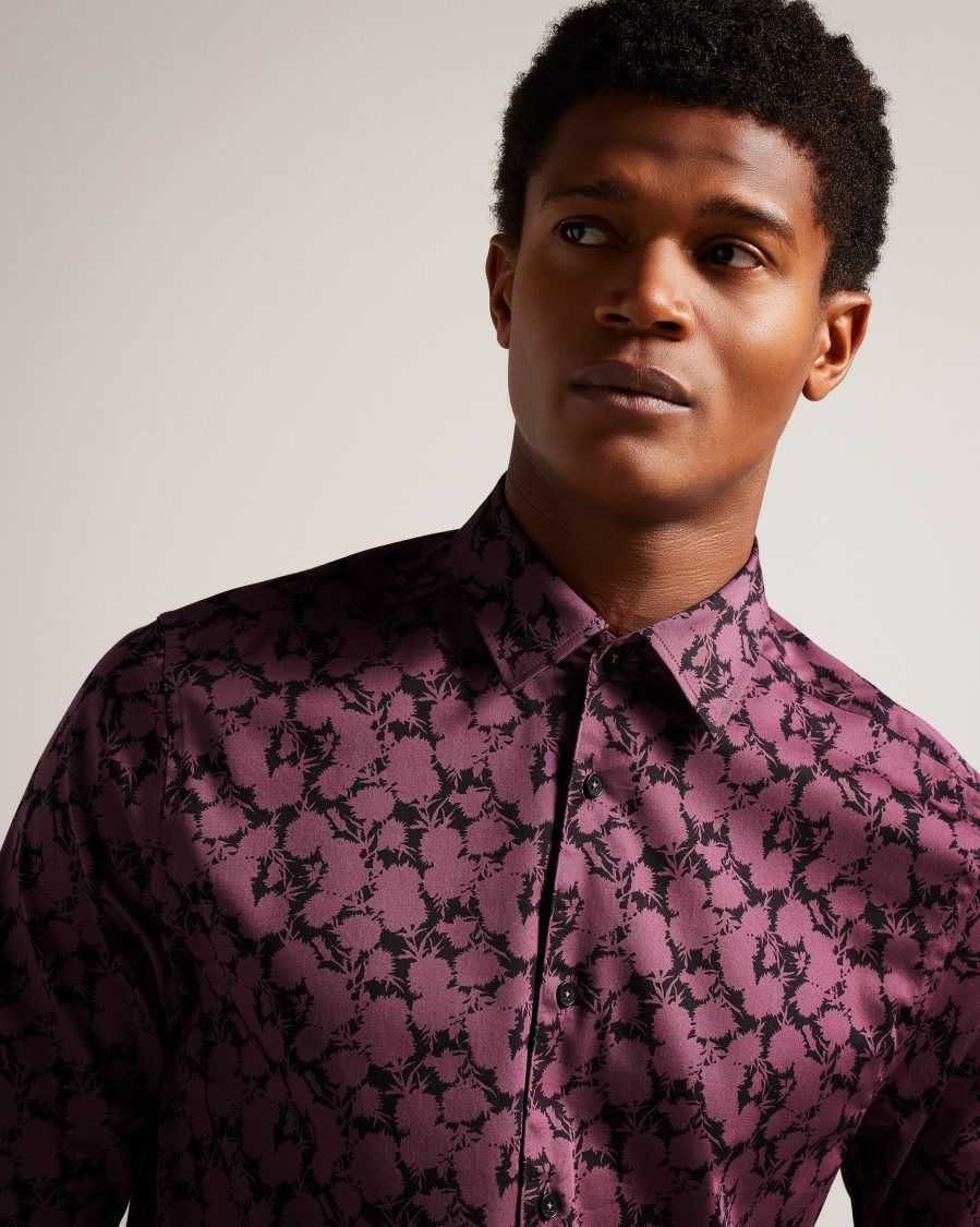 Ted Baker Comlee Long Sleeve Floral Print Shirt Maroon | 49275-KIAF