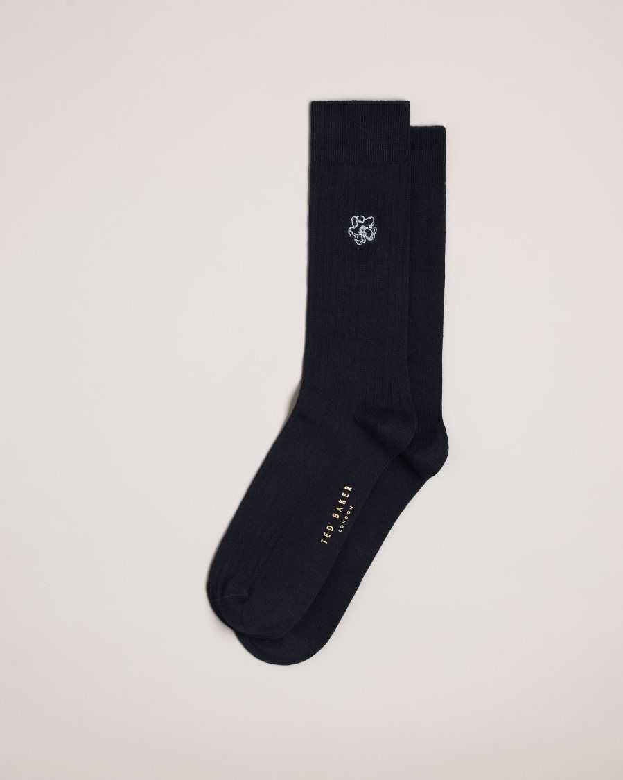 Ted Baker Coremag Ribbed Socks With Embroidered Magnolia Dark Navy | 79301-JWQF