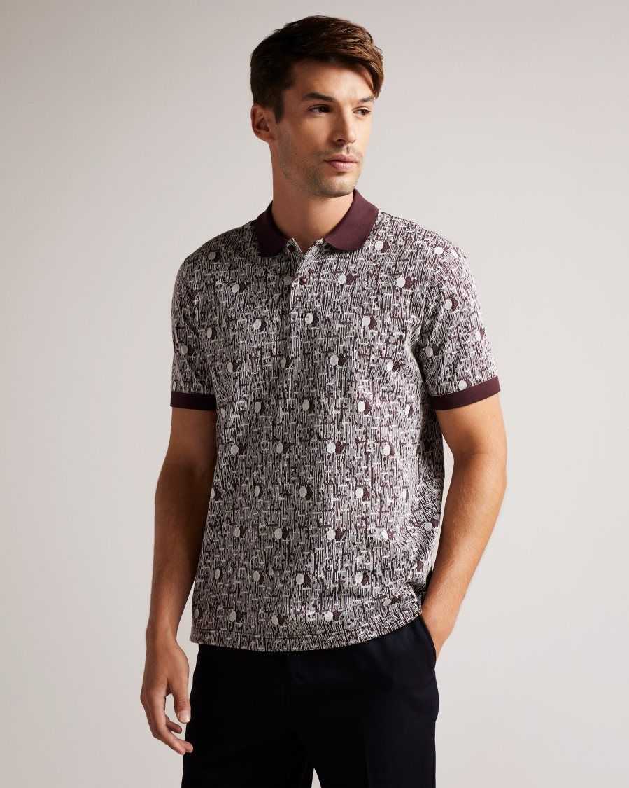 Ted Baker Coreo Geometric Knit Polo Shirt Maroon | 29543-LXZF