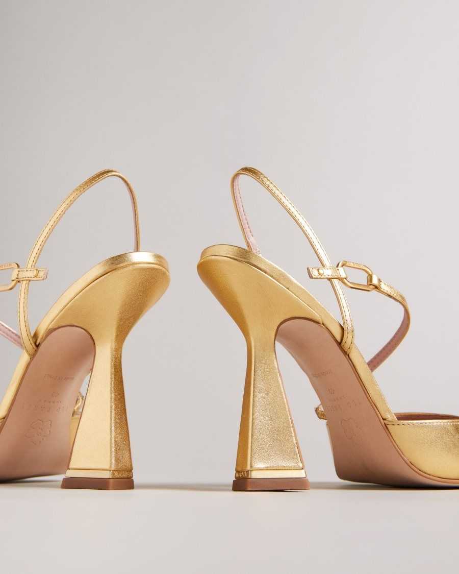 Ted Baker Coriana Geometric Heel Pointed Court Shoes Gold | 76102-OZTW