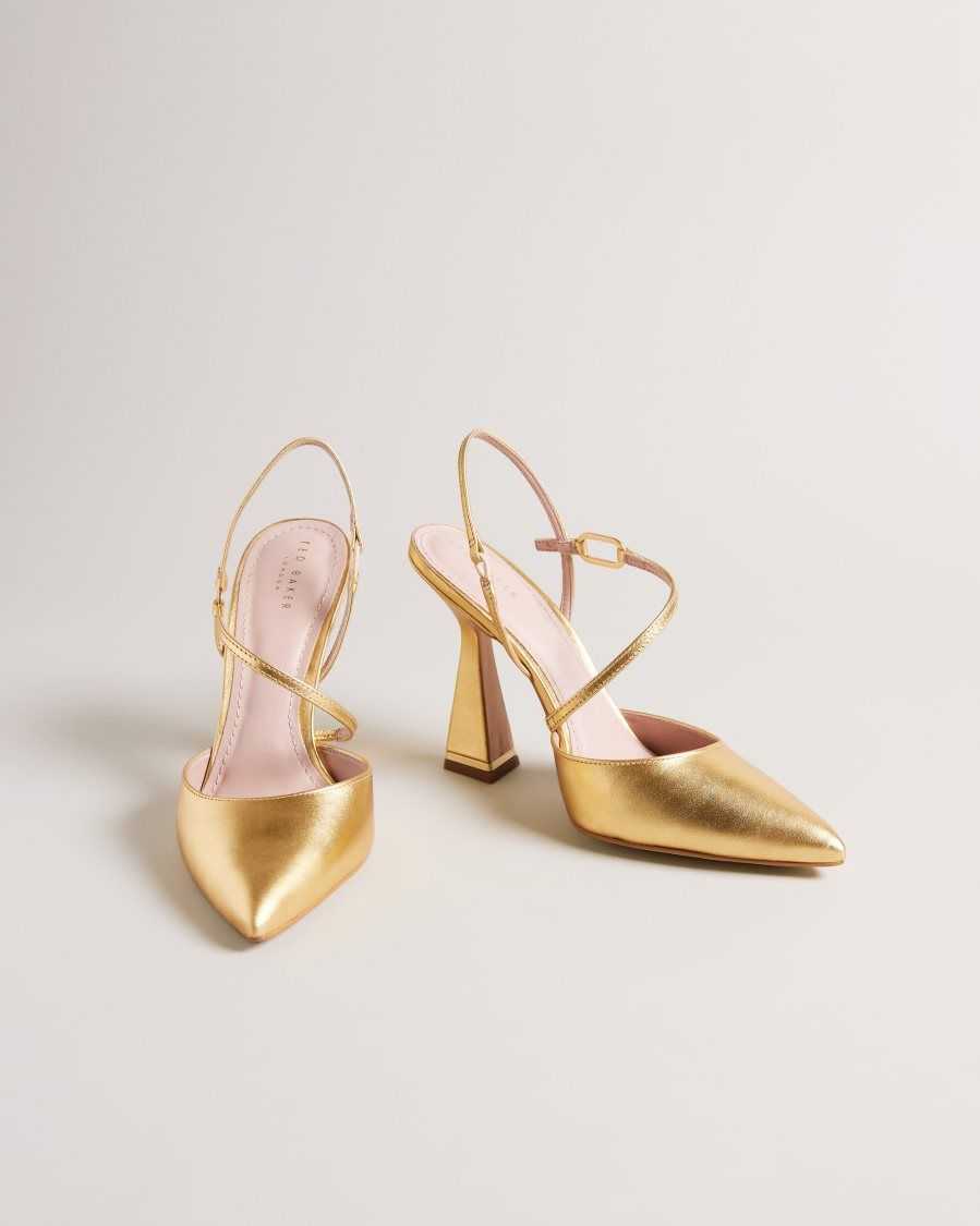 Ted Baker Coriana Geometric Heel Pointed Court Shoes Gold | 76102-OZTW