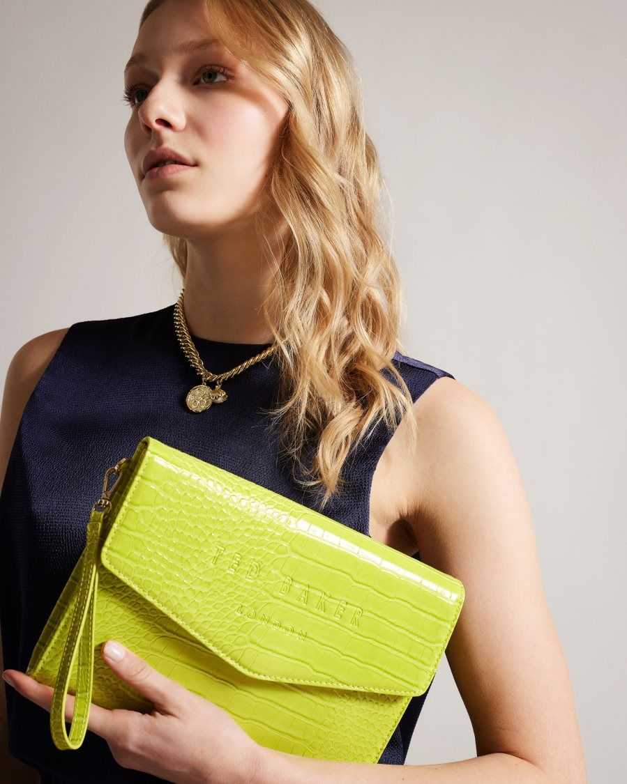 Ted Baker Crocey Croc Detail Debossed Envelope Pouch Lime | 93564-ZDMK