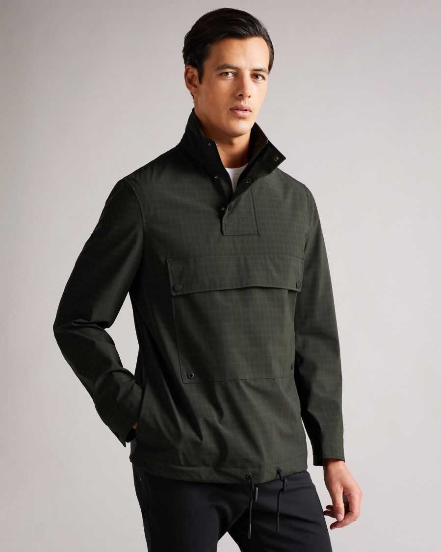 Ted Baker Dafen Checked Overhead Funnel Neck Jacket Khaki | 53147-UYSB