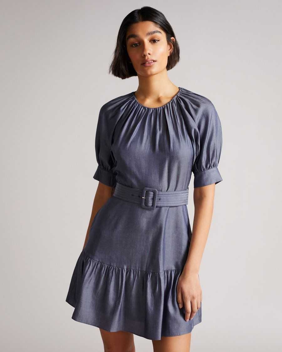 Ted Baker Damiale Belted Tiered Mini Dress Dark Blue | 07498-YCNA