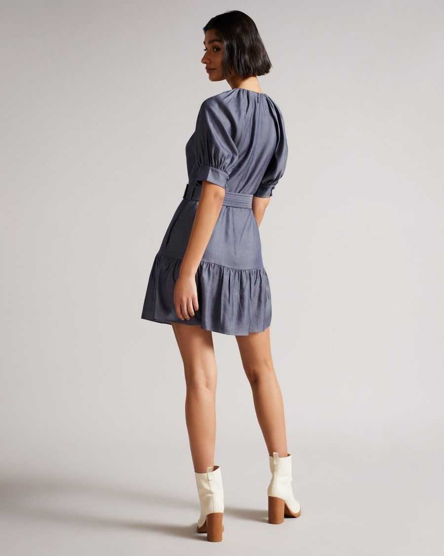 Ted Baker Damiale Belted Tiered Mini Dress Dark Blue | 07498-YCNA