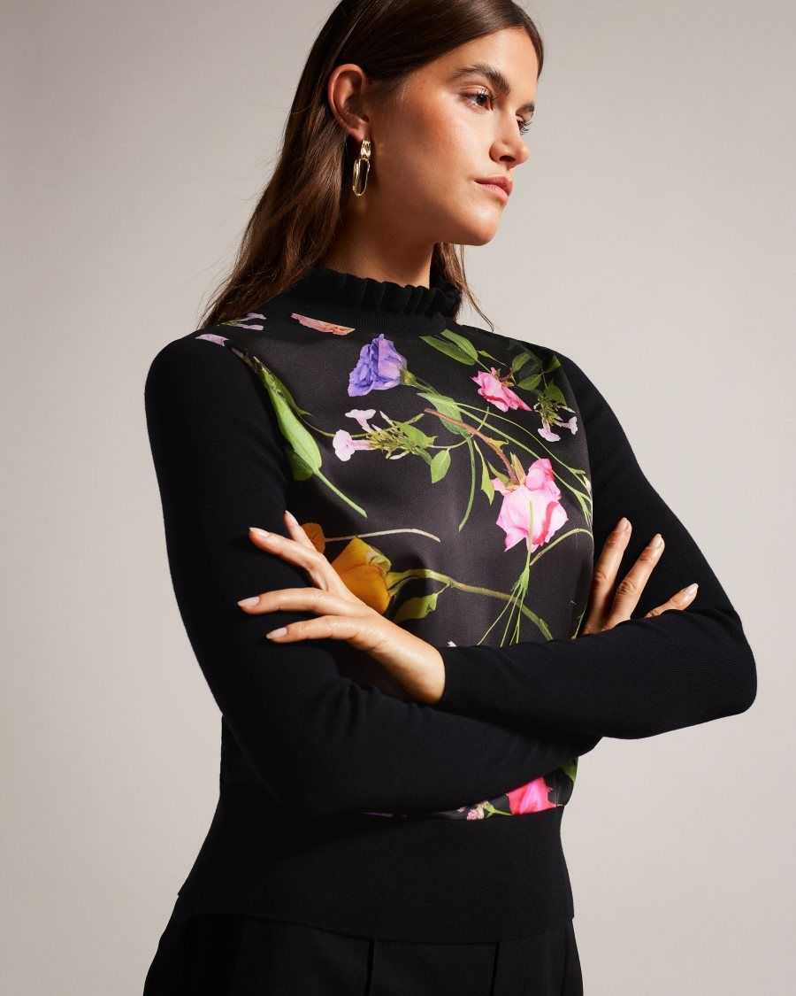 Ted Baker Daneaa Woven Front Fluted Neck Jumper Black | 73045-XQAV