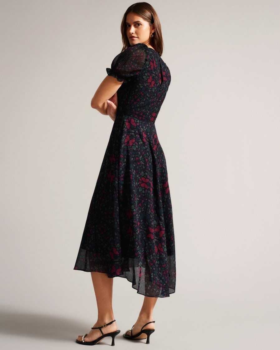 Ted Baker Daniaa Butterfly Print A-line Midi Dress Black | 93675-VWLA