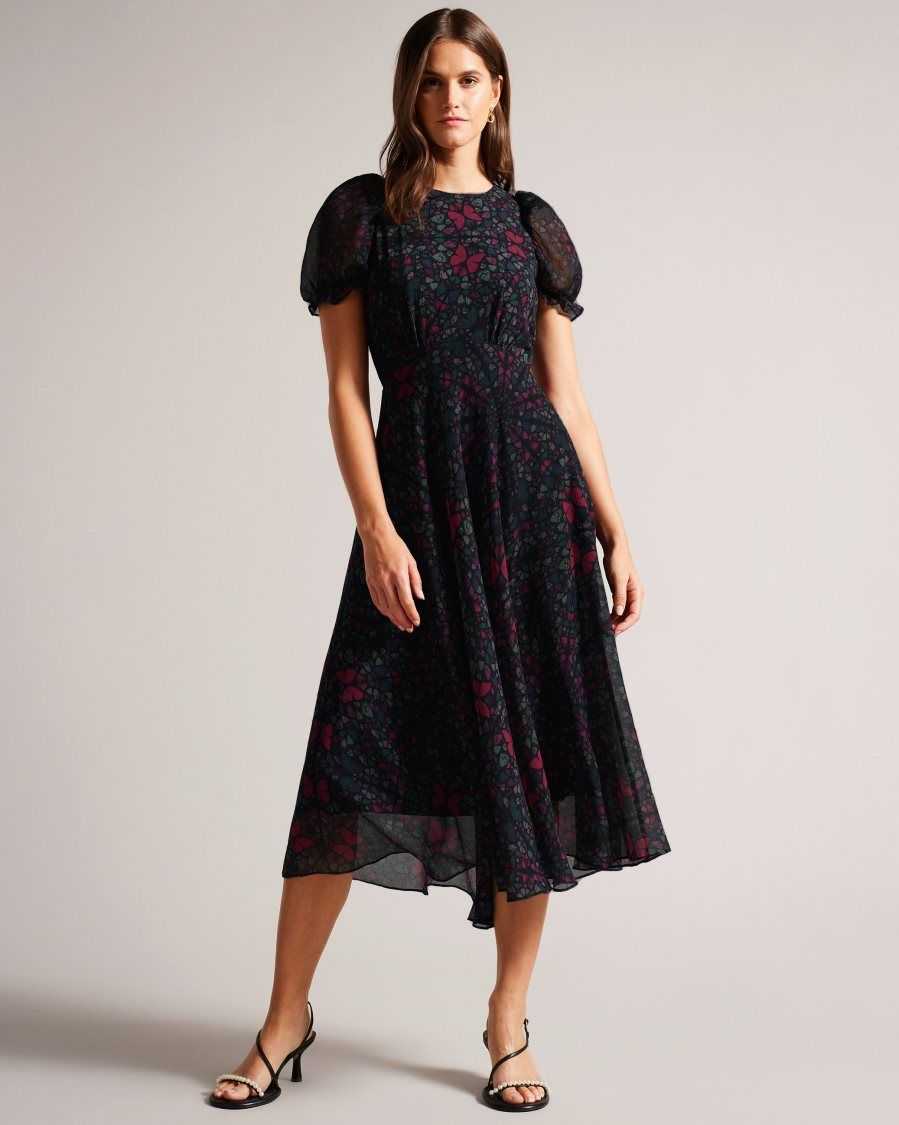 Ted Baker Daniaa Butterfly Print A-line Midi Dress Black | 93675-VWLA