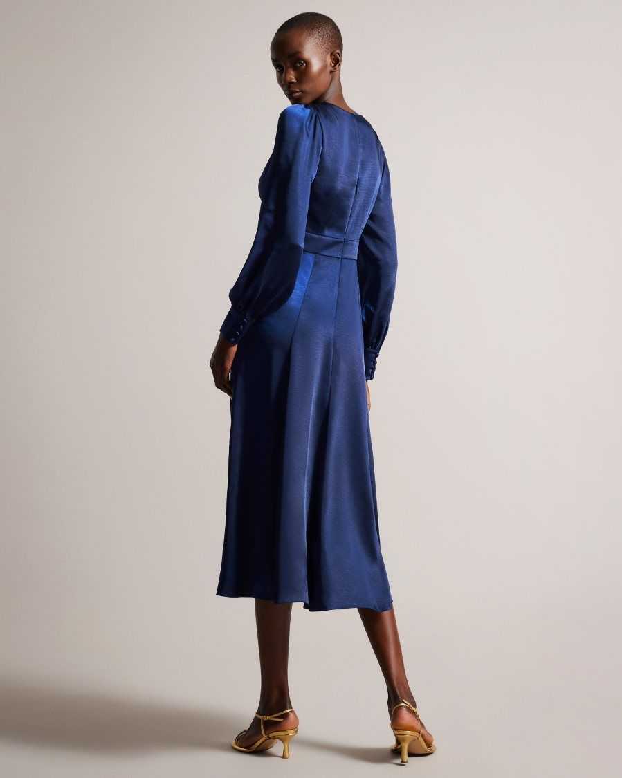 Ted Baker Daniia Satin Midi Dress With Blouson Sleeve Dark Blue | 36075-FLDY