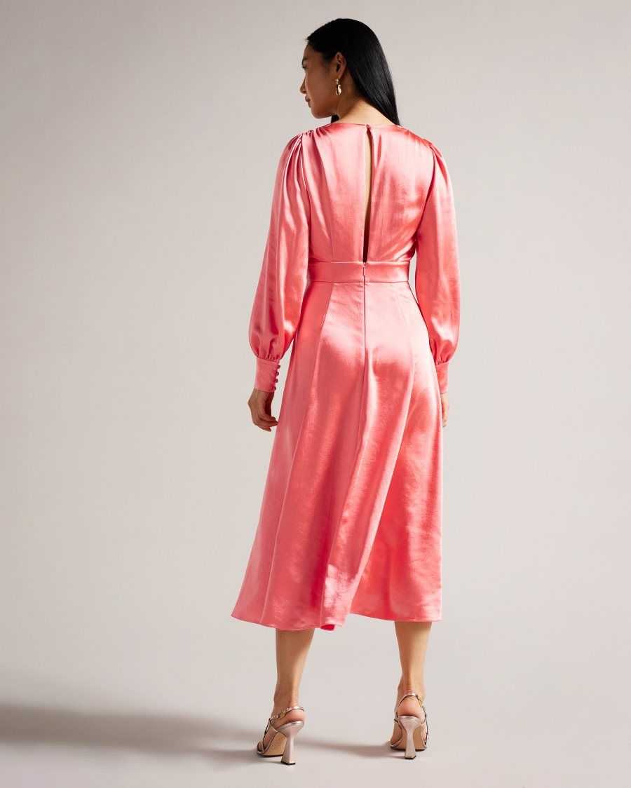 Ted Baker Daniia Satin Midi Dress With Blouson Sleeve Coral | 05491-CQGP