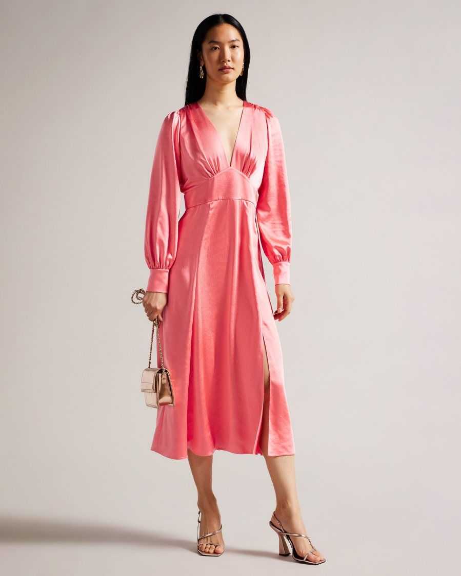 Ted Baker Daniia Satin Midi Dress With Blouson Sleeve Coral | 05491-CQGP