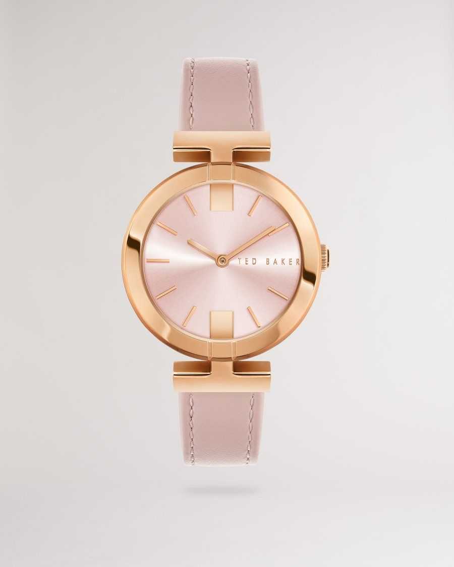 Ted Baker Darbyy T Frame Leather Strap Watch Pink | 89526-KZVC