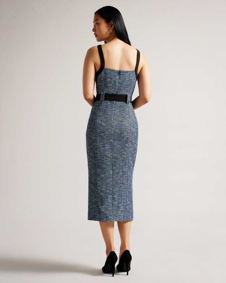 Ted Baker Diniiad Fitted Boucle Midi Dress Dark Navy | 68472-XISD