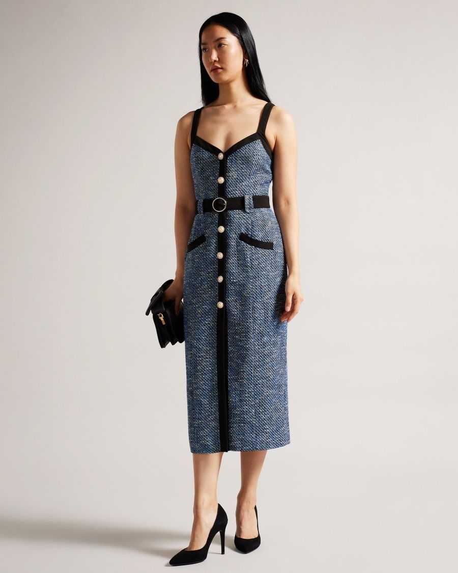 Ted Baker Diniiad Fitted Boucle Midi Dress Dark Navy | 68472-XISD