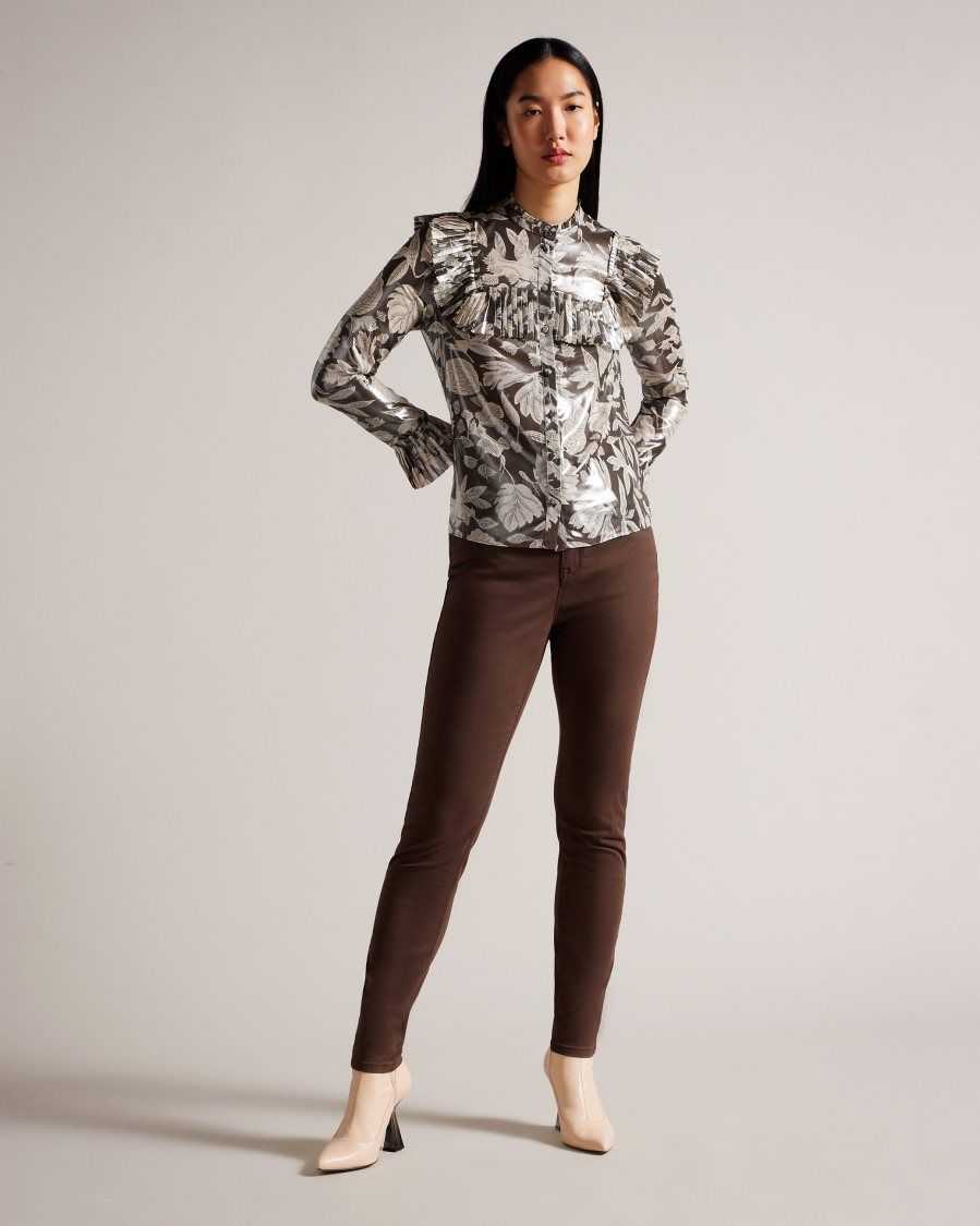 Ted Baker Dottiah Blouse With Ruffle Bib Detail Dark Brown | 56981-NYHQ