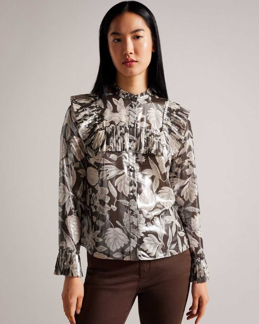 Ted Baker Dottiah Blouse With Ruffle Bib Detail Dark Brown | 56981-NYHQ