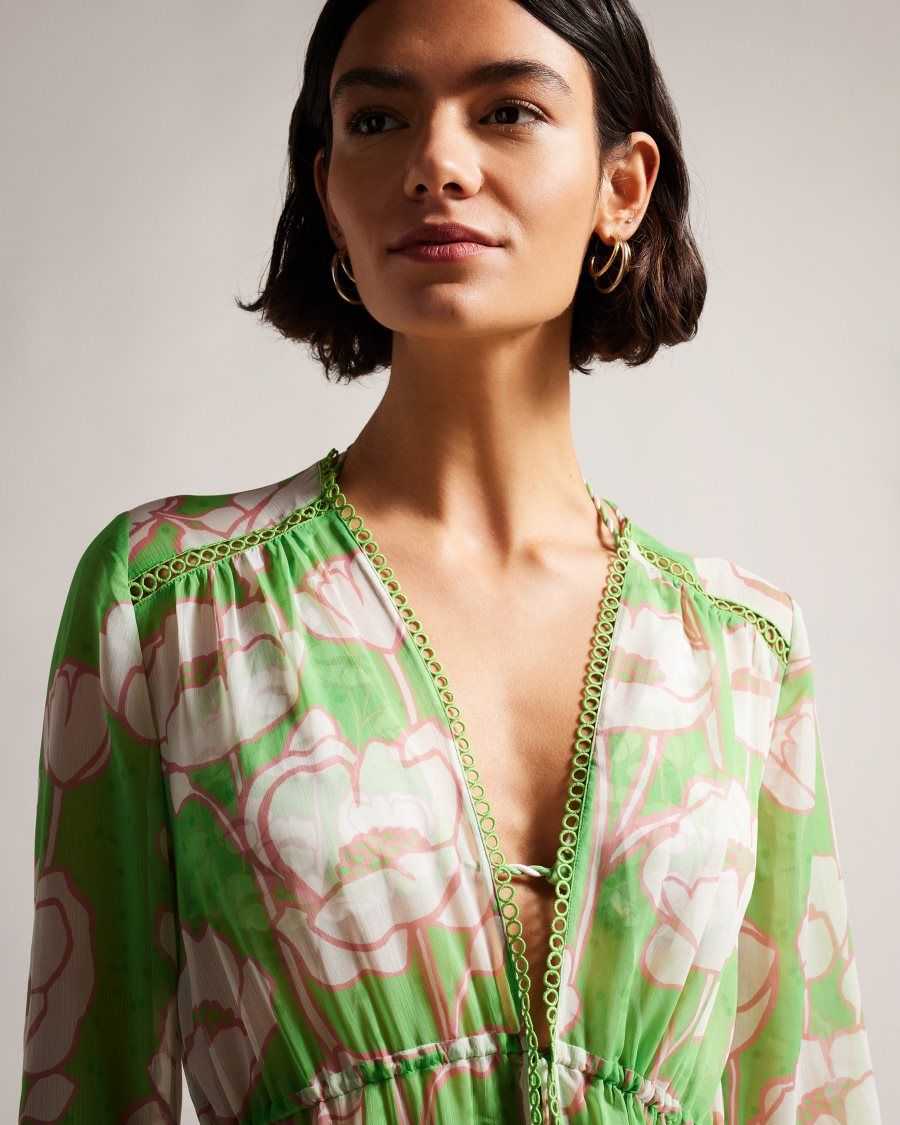 Ted Baker Elisiia High Low Poppy Print Cover Up Green | 31260-FEJY