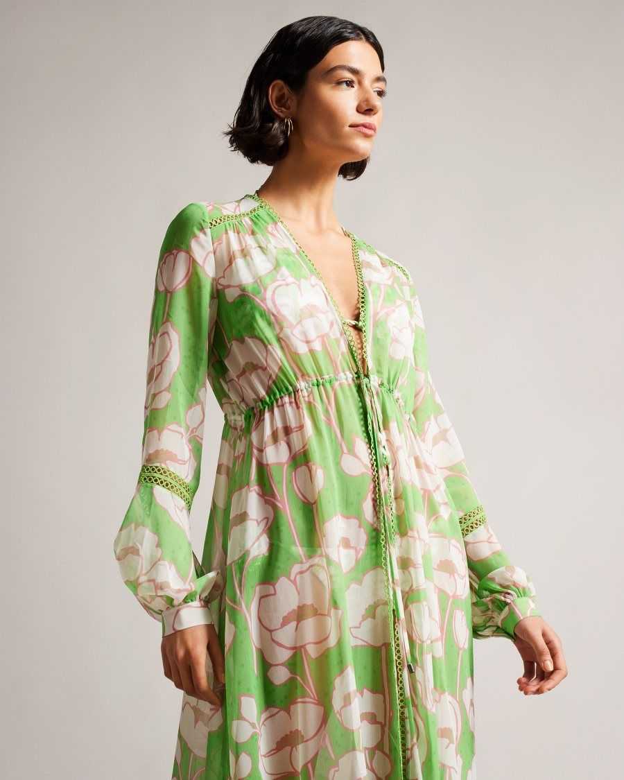 Ted Baker Elisiia High Low Poppy Print Cover Up Green | 31260-FEJY