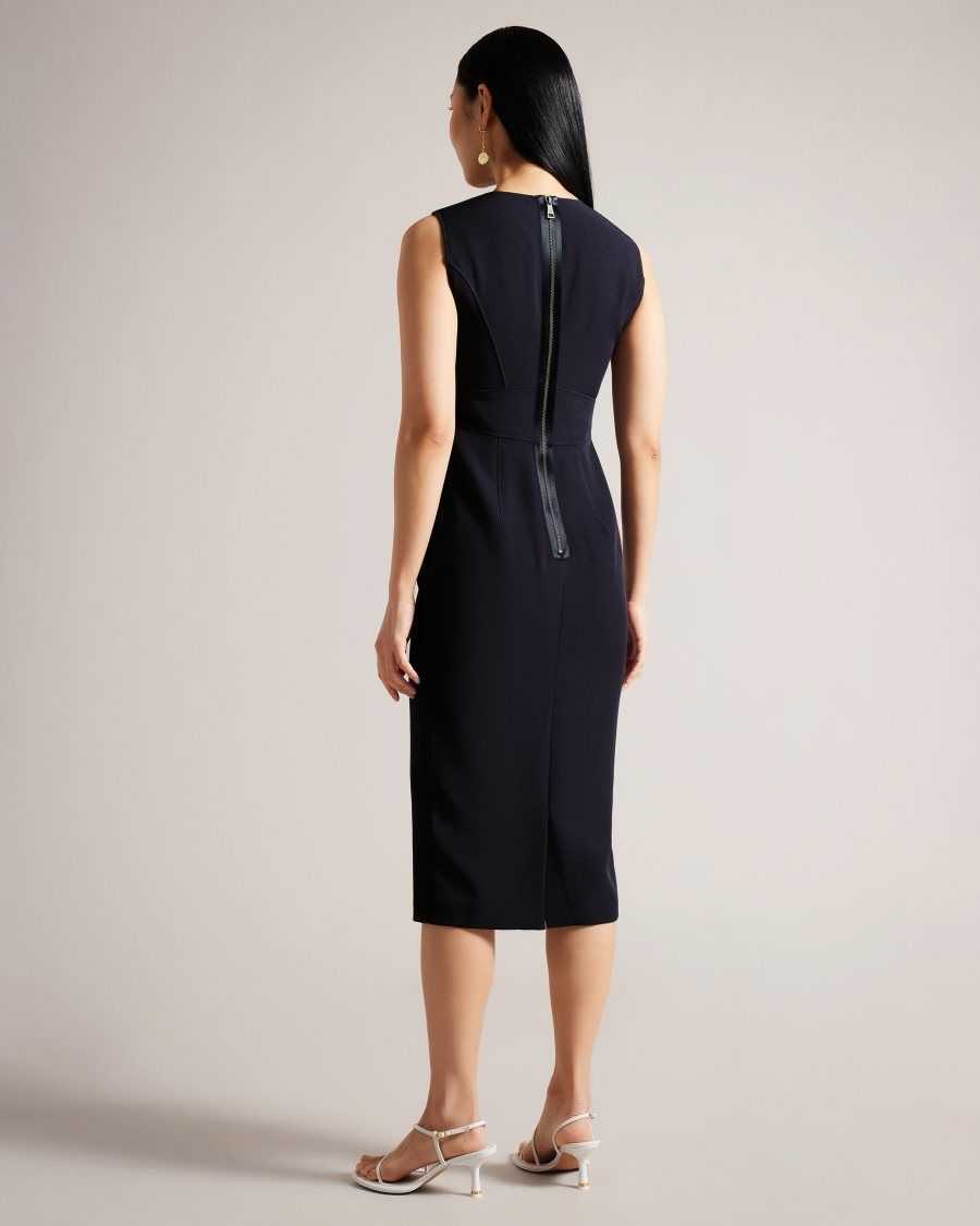 Ted Baker Elissii Midi Bodycon Dress With Sheer V-Neck Dark Navy | 91574-MOQI