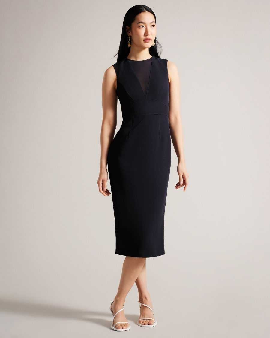 Ted Baker Elissii Midi Bodycon Dress With Sheer V-Neck Dark Navy | 91574-MOQI