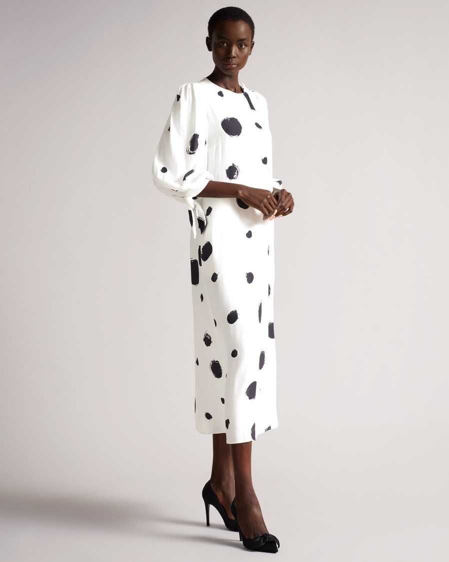 Ted Baker Eliyzza Button Up Midi Dress With Tie Cuffs White | 47513-CQOK