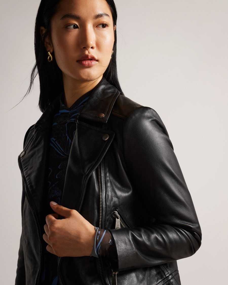 Ted Baker Ellaar Fitted Leather Biker Jacket Black | 90374-VXKF