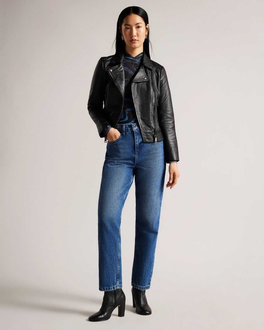 Ted Baker Ellaar Fitted Leather Biker Jacket Black | 90374-VXKF