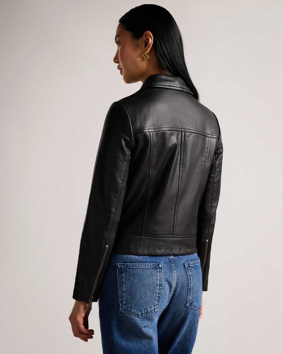 Ted Baker Ellaar Fitted Leather Biker Jacket Black | 90374-VXKF