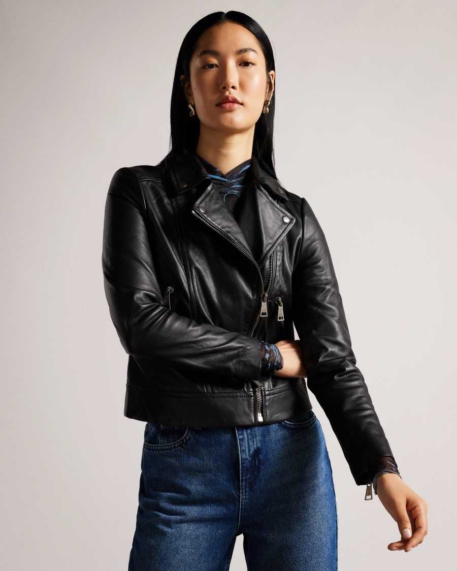 Ted Baker Ellaar Fitted Leather Biker Jacket Black | 90374-VXKF