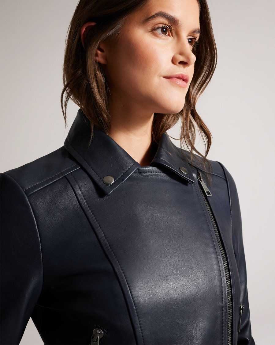 Ted Baker Ellaar Fitted Leather Biker Jacket Dark Navy | 04891-ASPH