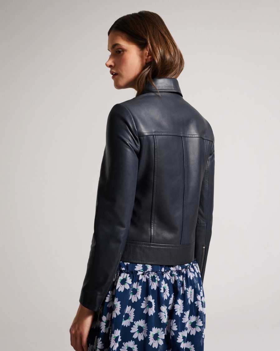 Ted Baker Ellaar Fitted Leather Biker Jacket Dark Navy | 04891-ASPH