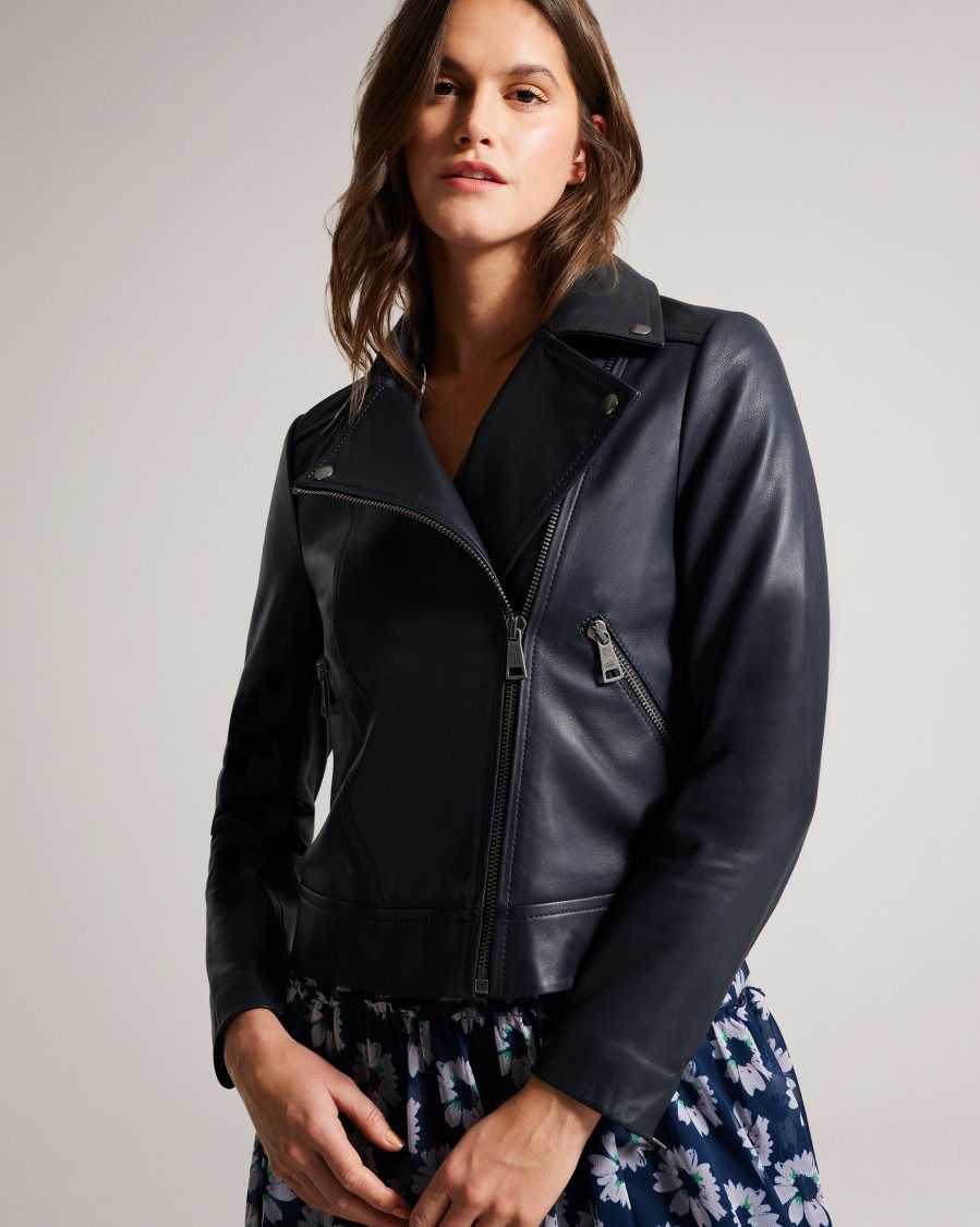 Ted Baker Ellaar Fitted Leather Biker Jacket Dark Navy | 04891-ASPH