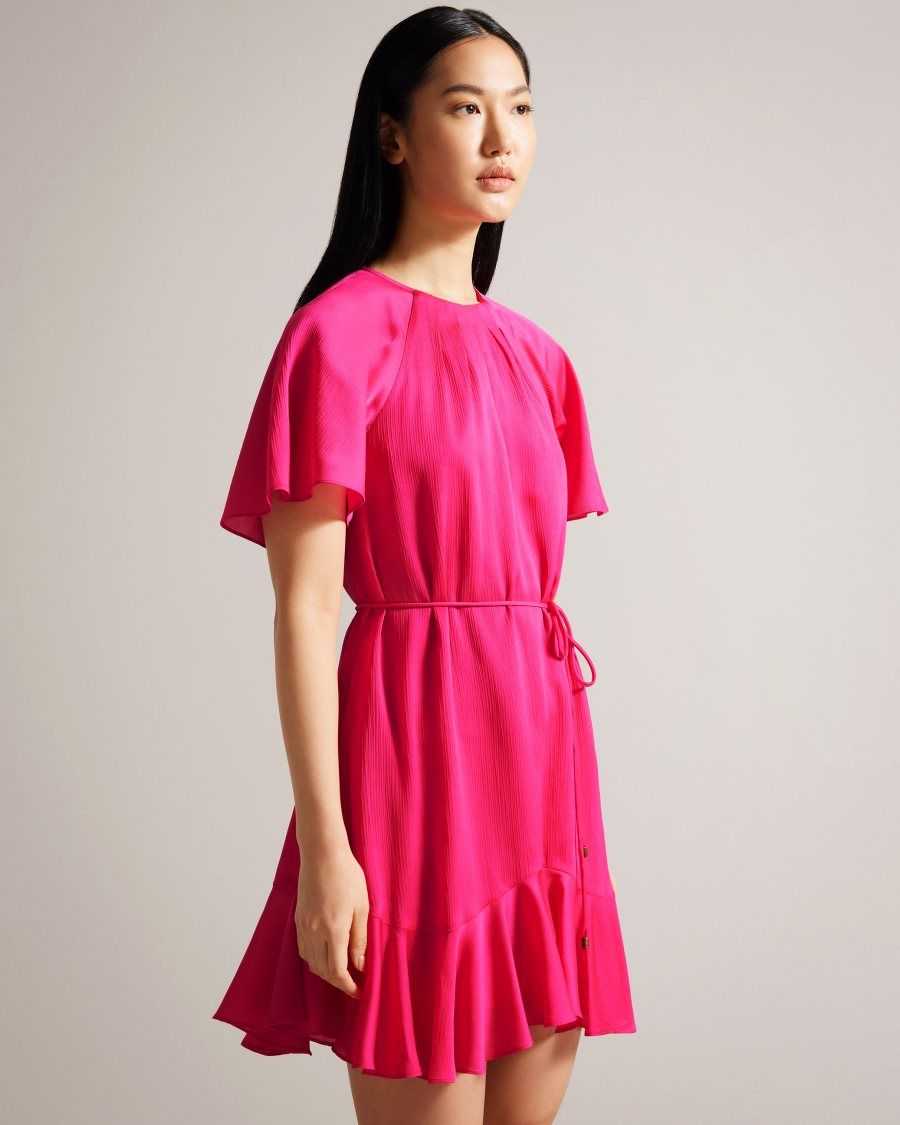 Ted Baker Elsieee Fluted Hem Mini Skater Dress Bright Pink | 01543-DILN