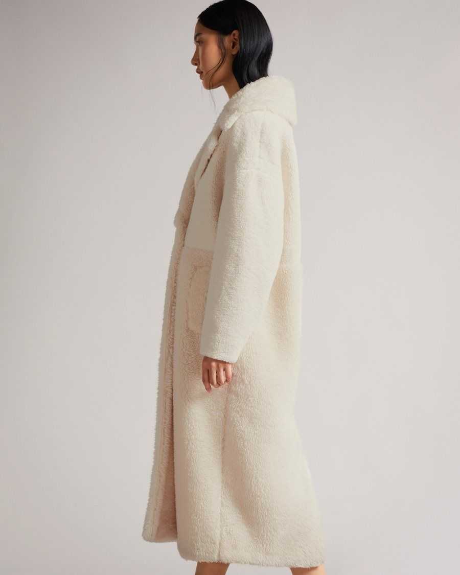 Ted Baker Emiliyy Mixed Fabric Faux Fur Cocoon Coat Ivory | 42195-UKXY