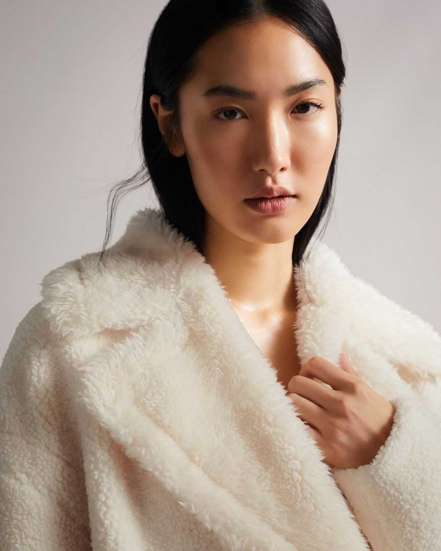 Ted Baker Emiliyy Mixed Fabric Faux Fur Cocoon Coat Ivory | 42195-UKXY