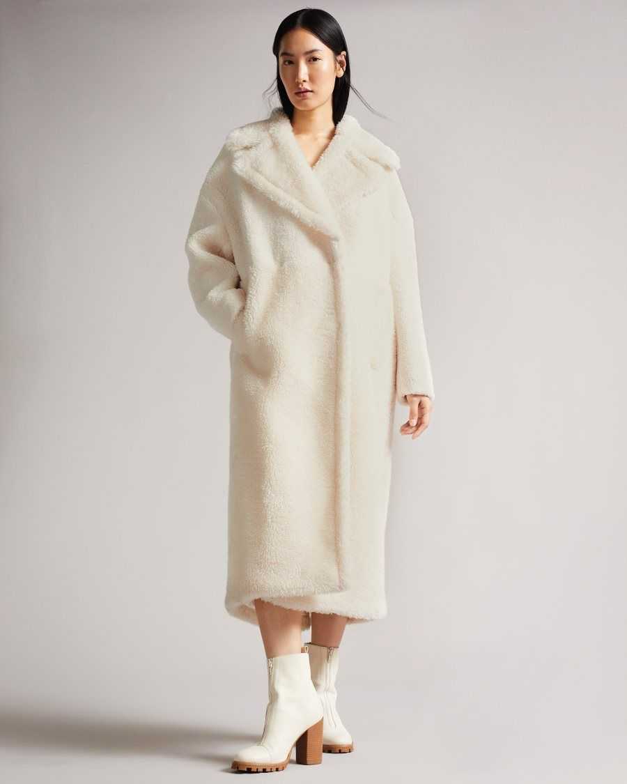 Ted Baker Emiliyy Mixed Fabric Faux Fur Cocoon Coat Ivory | 42195-UKXY