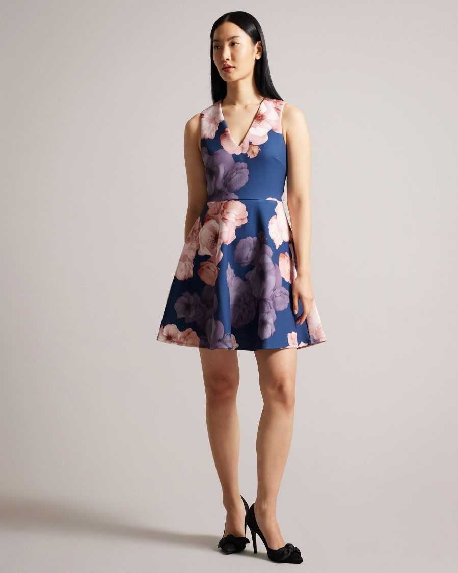 Ted Baker Emleey V-Neck Printed Skater Dress Dark Blue | 95416-ZFUY