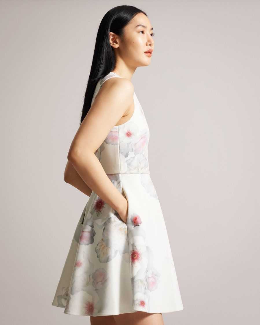 Ted Baker Emleey V-Neck Printed Skater Dress Natural | 76259-KHUE