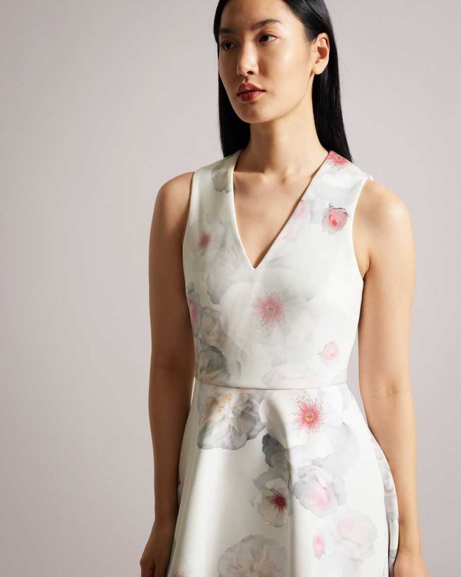 Ted Baker Emleey V-Neck Printed Skater Dress Natural | 76259-KHUE