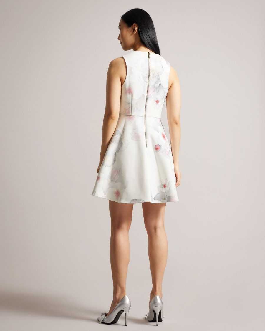 Ted Baker Emleey V-Neck Printed Skater Dress Natural | 76259-KHUE