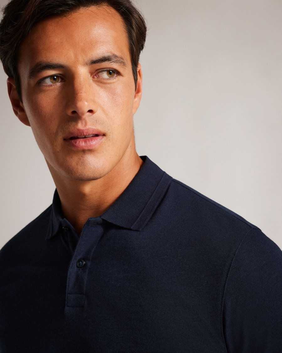 Ted Baker Enio Long Sleeve Cashmere Blend Polo Shirt Navy-Blue | 23796-GPVW