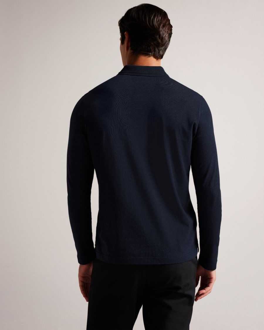 Ted Baker Enio Long Sleeve Cashmere Blend Polo Shirt Navy-Blue | 23796-GPVW