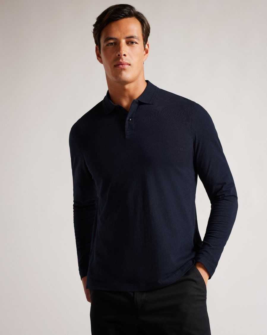 Ted Baker Enio Long Sleeve Cashmere Blend Polo Shirt Navy-Blue | 23796-GPVW